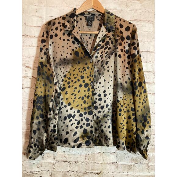 City Silk Top Womens XL Brown Cheetah Leopard Button Up Lightweight Boxy - Picture 1 of 11